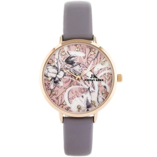 Női karóra rosegold tok, virágos fehér számlap, lila bőrszíj, 36 mm