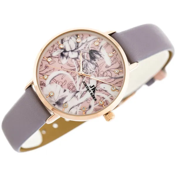 Női karóra rosegold tok, virágos fehér számlap, lila bőrszíj, 36 mm