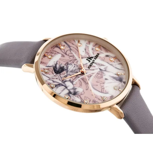 Női karóra rosegold tok, virágos fehér számlap, lila bőrszíj, 36 mm