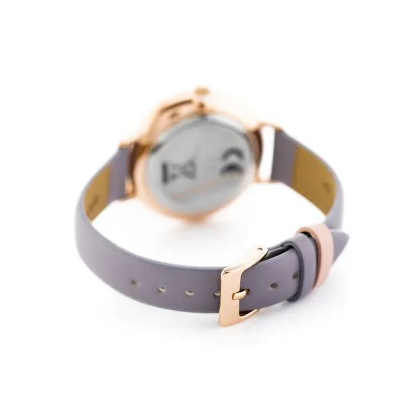 Női karóra rosegold tok, virágos fehér számlap, lila bőrszíj, 36 mm