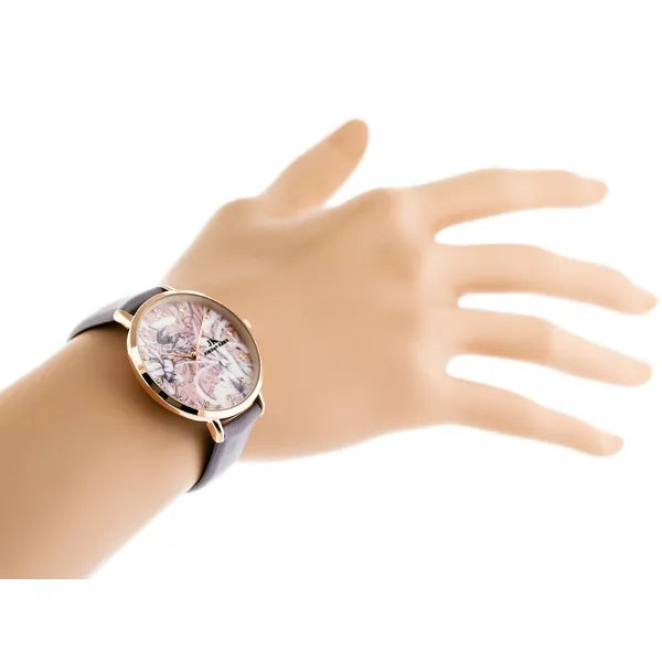 Női karóra rosegold tok, virágos fehér számlap, lila bőrszíj, 36 mm