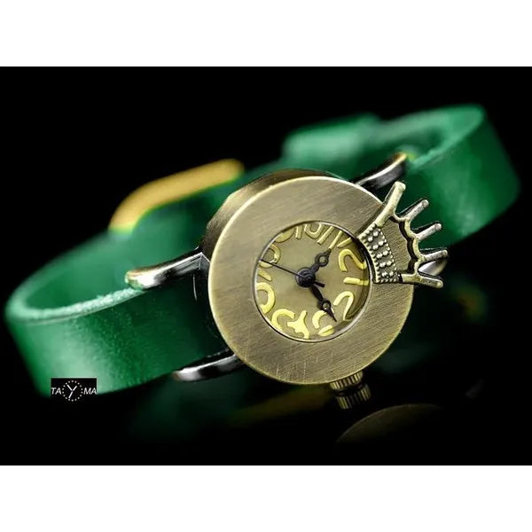 Női quartz karóra zöld bőrszíjjal, 24 mm tok, Retro Punk 28
