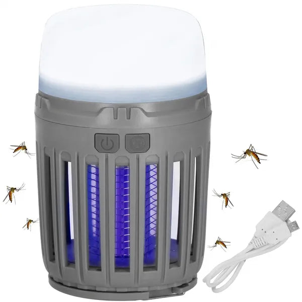 Akkumulátoros IPX4 rovarirtó és kempinglámpa, USB, 600 V, 13 cm