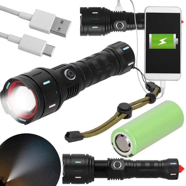 Teleszkópos zoom LED zseblámpa 5000 mAh, USB-C powerbank, fekete alumínium