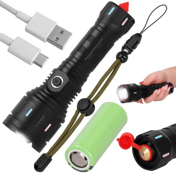 Teleszkópos zoom LED zseblámpa 5000 mAh, USB-C powerbank, fekete alumínium