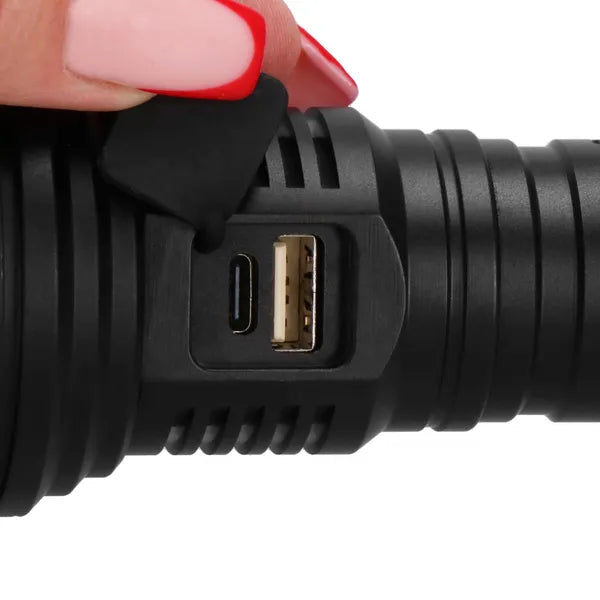 Teleszkópos zoom LED zseblámpa 5000 mAh, USB-C powerbank, fekete alumínium