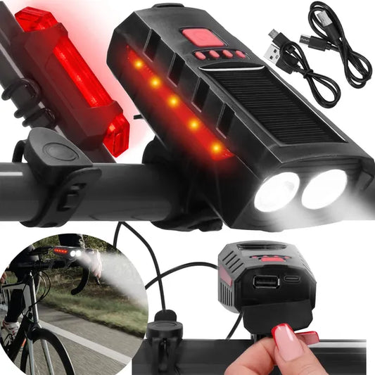 Ledes kerékpárlámpa szett 1200 lm, szolár+USB, IPX4, első-hátsó