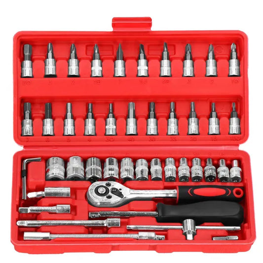 46 részes 1/4'' racsnis dugókulcs és bit készlet, piros tokban