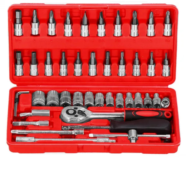 46 részes 1/4'' racsnis dugókulcs és bit készlet, piros tokban
