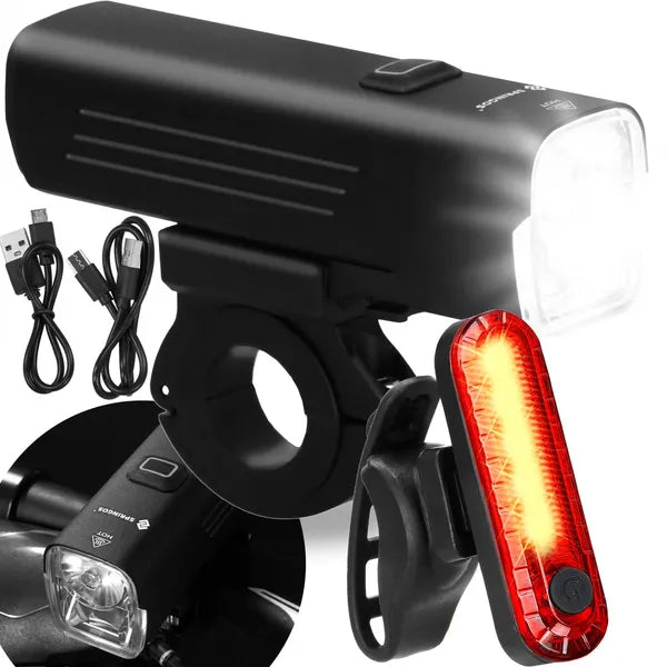 USB-tölthető kerékpár első-hátsó lámpa szett, 1000 lm, IPX4