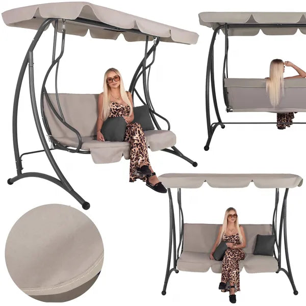 3 személyes kerti hintaágy vízlepergető párnákkal, acél vázzal, grafit/beige