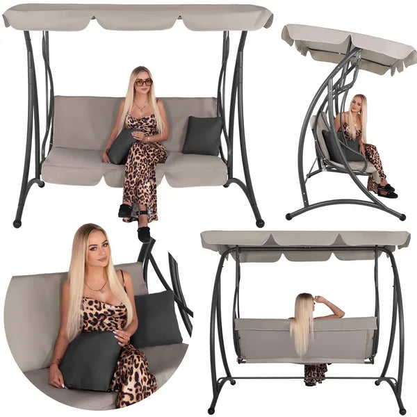 3 személyes kerti hintaágy vízlepergető párnákkal, acél vázzal, grafit/beige