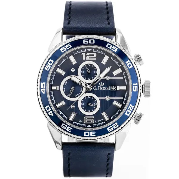 Férfi karóra, kvarc, sötétkék bőrszíj, nap- és dátumkijelzés, 44 mm