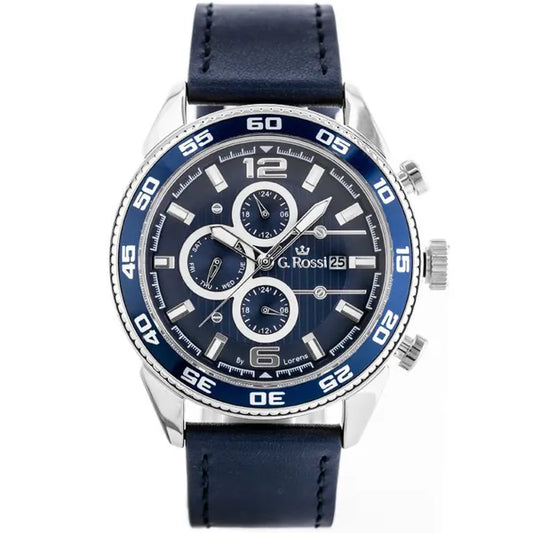 Férfi karóra, kvarc, sötétkék bőrszíj, nap- és dátumkijelzés, 44 mm
