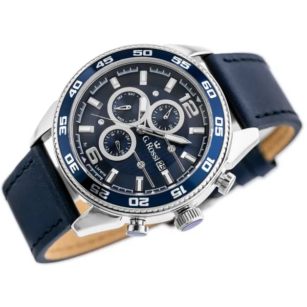 Férfi karóra, kvarc, sötétkék bőrszíj, nap- és dátumkijelzés, 44 mm