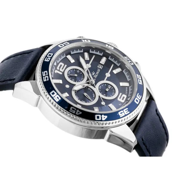 Férfi karóra, kvarc, sötétkék bőrszíj, nap- és dátumkijelzés, 44 mm