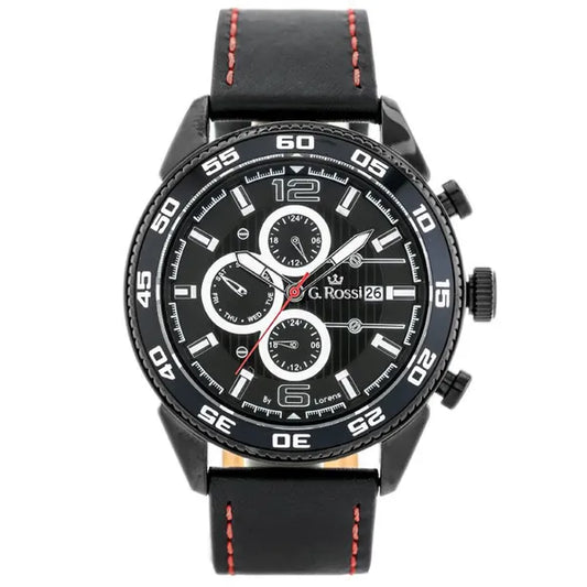 G. Rossi férfi kvarc karóra, fekete bőr szíj, 44 mm, dátum, 24h