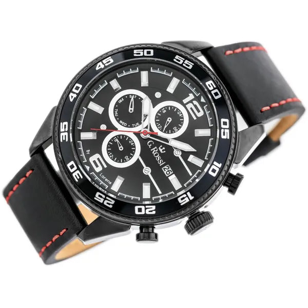 G. Rossi férfi kvarc karóra, fekete bőr szíj, 44 mm, dátum, 24h