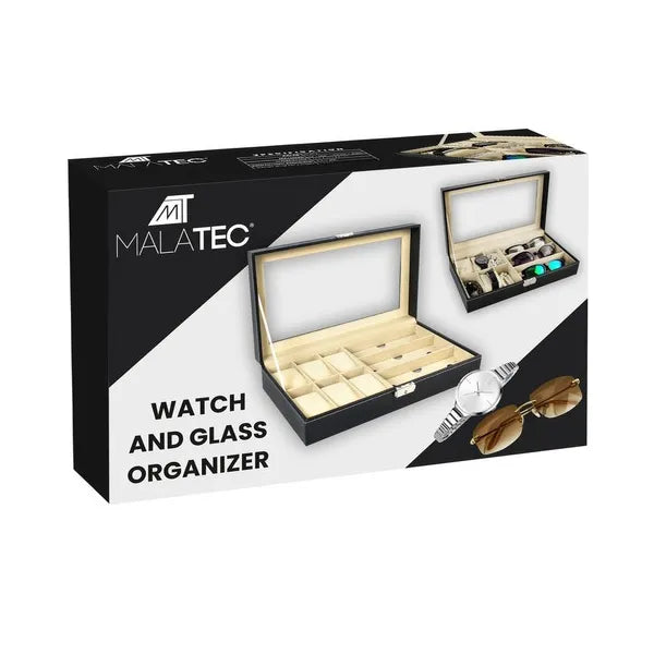 Fekete eco-bőr óra- és szemüvegtartó doboz, 6+3 rekesz, kulcsos zár