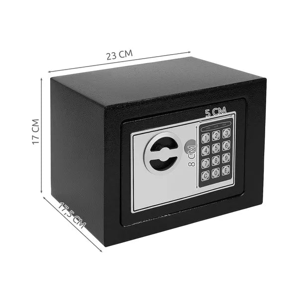 Elektronikus kódszéf kulcsos, fekete acél 23×17,5×17 cm falra szerelhető