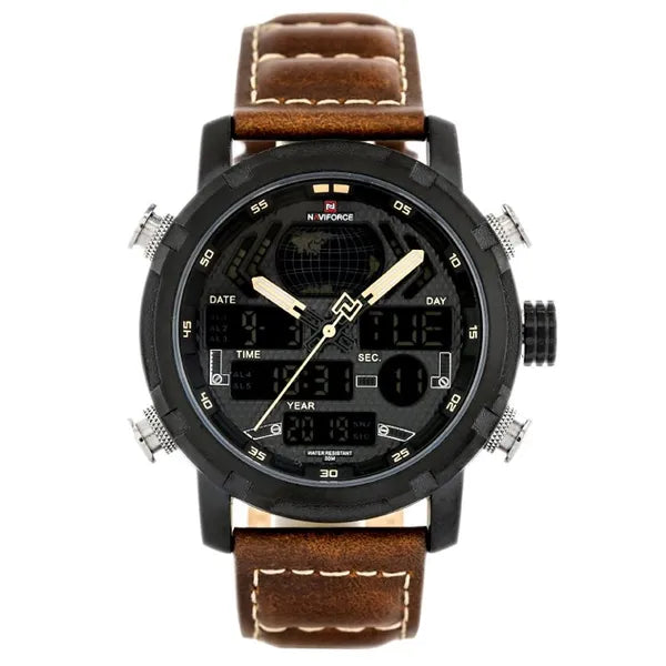 Naviforce férfi kvarc karóra, fekete 48 mm tok, barna bőrszíj