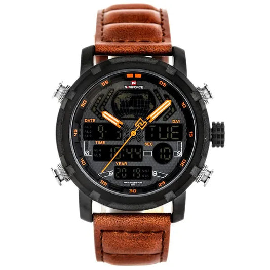 Naviforce NF9160 férfi karóra, quartz, fekete számlap, barna bőrszíj