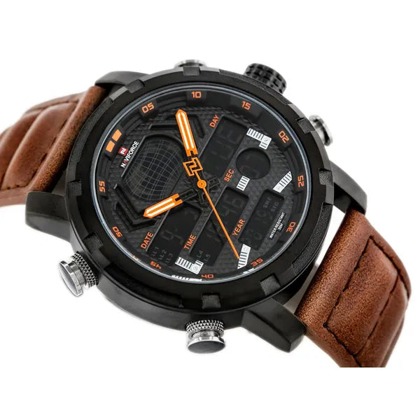 Naviforce NF9160 férfi karóra, quartz, fekete számlap, barna bőrszíj