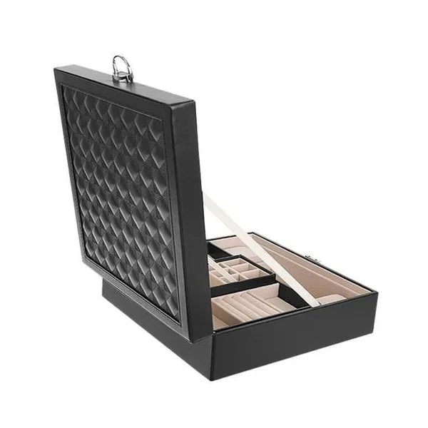 Fekete ékszerdoboz tükörrel és zárható kulccsal, 25,5×25,5×30 cm
