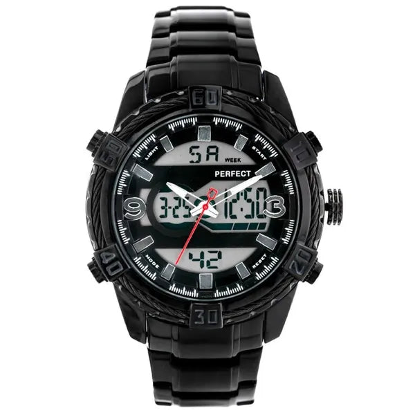 Férfi quartz karóra fekete számlap & fém szíj, 48 mm, WR30 + díszdoboz