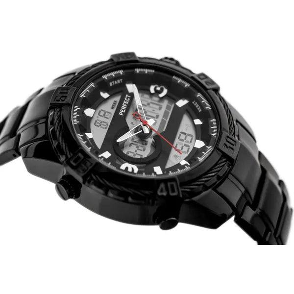 Férfi quartz karóra fekete számlap & fém szíj, 48 mm, WR30 + díszdoboz