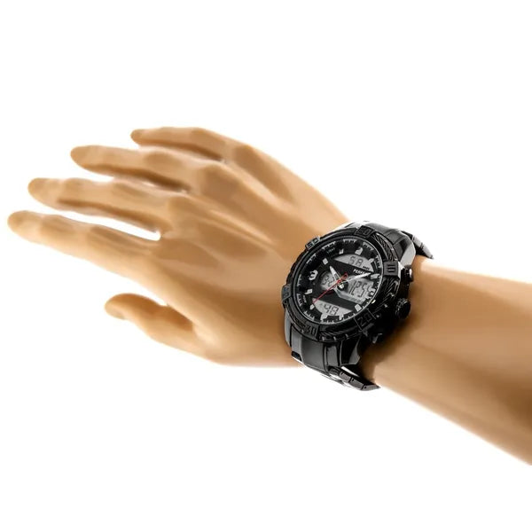 Férfi quartz karóra fekete számlap & fém szíj, 48 mm, WR30 + díszdoboz
