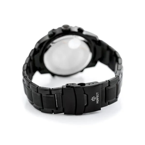 Férfi quartz karóra fekete számlap & fém szíj, 48 mm, WR30 + díszdoboz