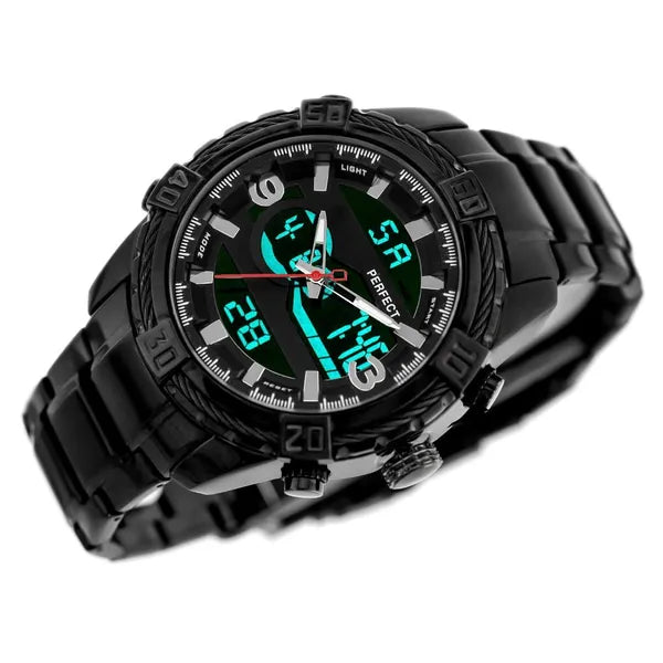 Férfi quartz karóra fekete számlap & fém szíj, 48 mm, WR30 + díszdoboz