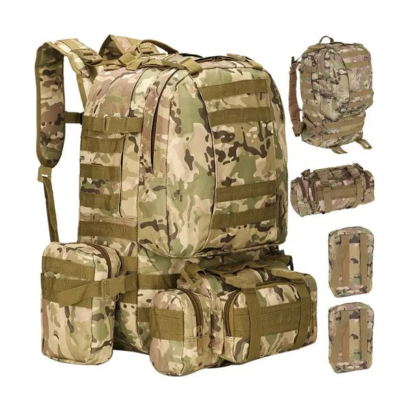 45 literes vízálló camo taktikai hátizsák, MOLLE rendszerrel, 3 levehető zsebbel