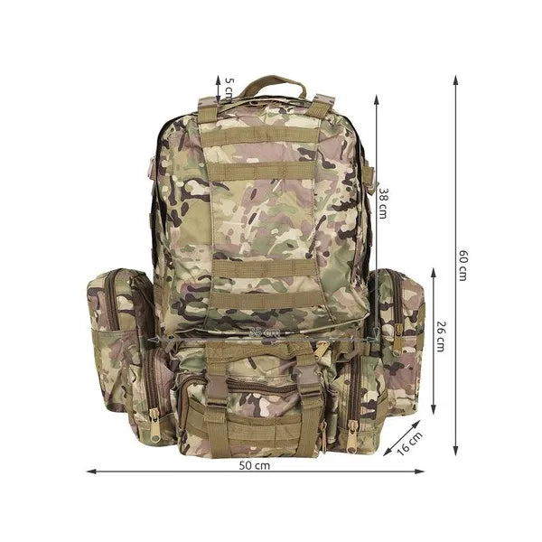 45 literes vízálló camo taktikai hátizsák, MOLLE rendszerrel, 3 levehető zsebbel