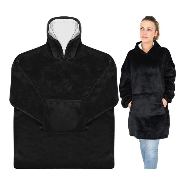 Fekete oversize XXL plüss kapucnis takaró pulóver, uniszex, 190×120 cm