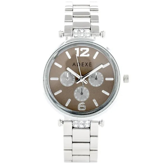 Adexe női karóra – ezüst fém szíj, barna számlap, quartz, WR30, 26 mm