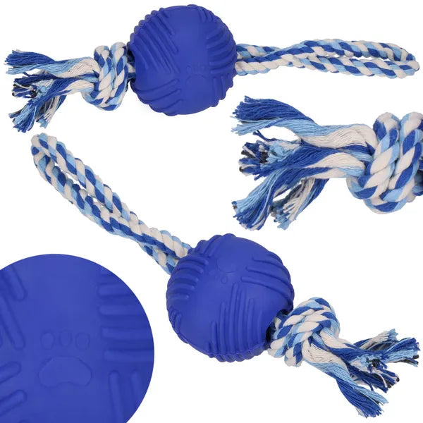Kutya rágójáték kötéllel és TPR labdával, 25 cm, kék-fehér