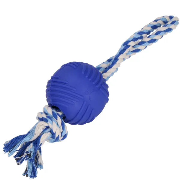 Kutya rágójáték kötéllel és TPR labdával, 25 cm, kék-fehér