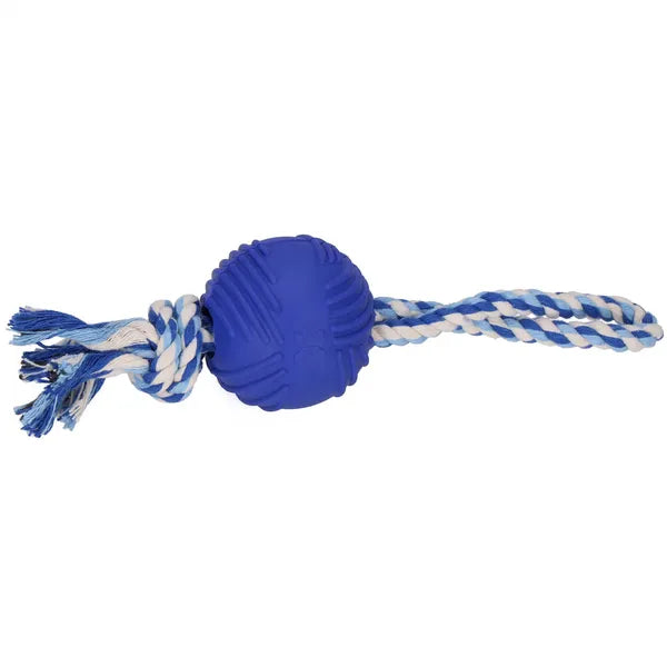 Kutya rágójáték kötéllel és TPR labdával, 25 cm, kék-fehér