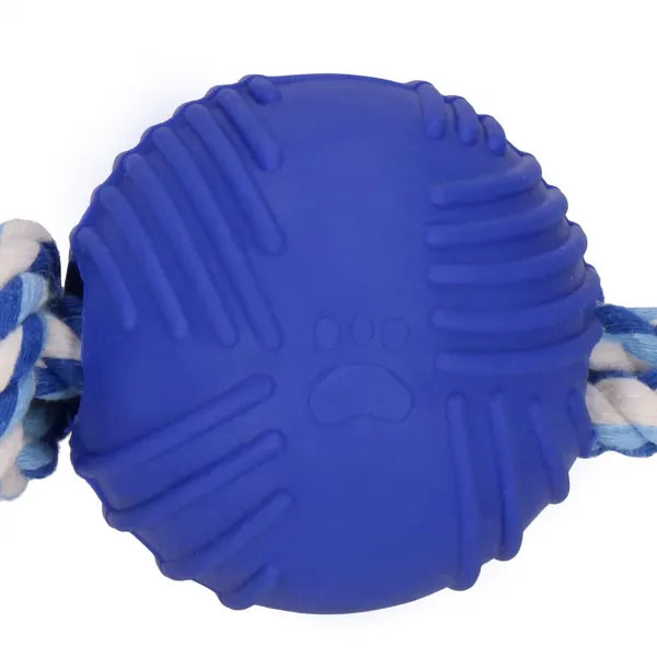 Kutya rágójáték kötéllel és TPR labdával, 25 cm, kék-fehér