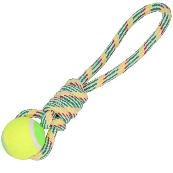 Kutya húzójáték labdával, pamut kötél 35 cm, zöld-sárga