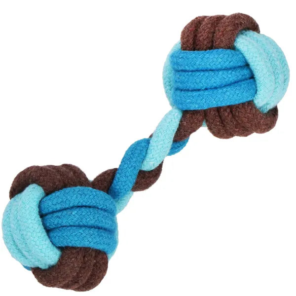 Kötél labdás kutyajáték, pamut, kék-barna, 17 cm