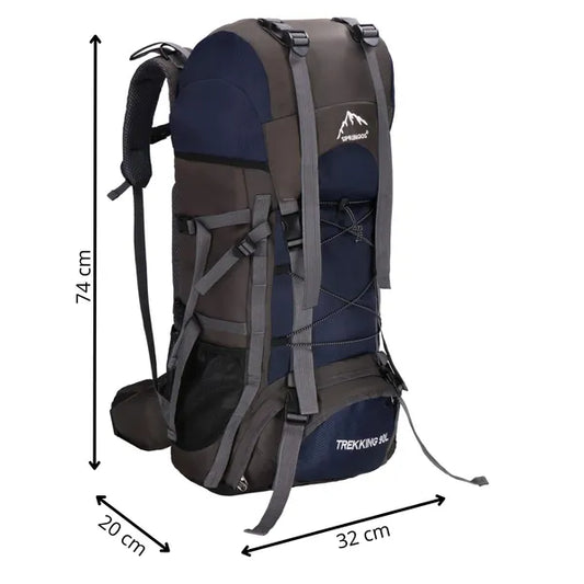 90 literes trekking hátizsák esővédő huzattal, szürke-kék, 25 kg