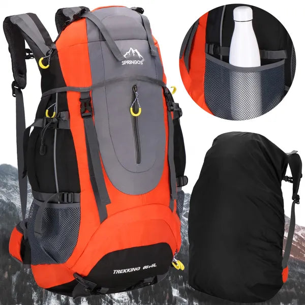 Trekking hátizsák 65+5 L esővédő huzattal, 25 kg teherbírás