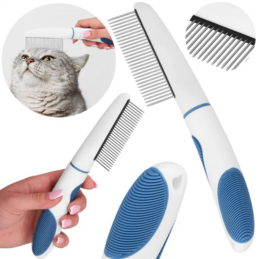 Kék-fehér, rozsdamentes acél fogú szőrkefés fésű kutyáknak és macskáknak, 22,5 cm