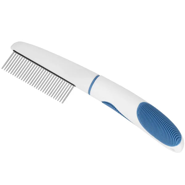 Kék-fehér, rozsdamentes acél fogú szőrkefés fésű kutyáknak és macskáknak, 22,5 cm