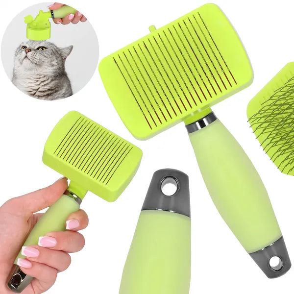 Állatszőr kefe 17 cm, zöld, szilikon markolat, acél tüskék, visszahúzható