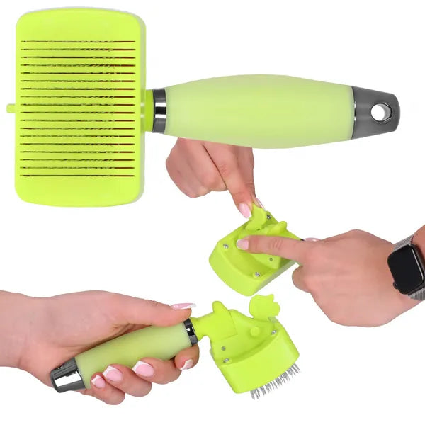 Állatszőr kefe 17 cm, zöld, szilikon markolat, acél tüskék, visszahúzható