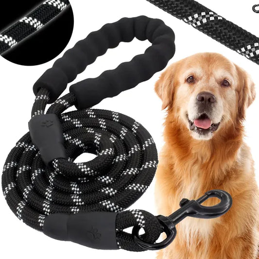Nylon kutyapóráz 5 m, fényvisszaverő, nagytestű kutyáknak 50 kg-ig, fekete-fehér